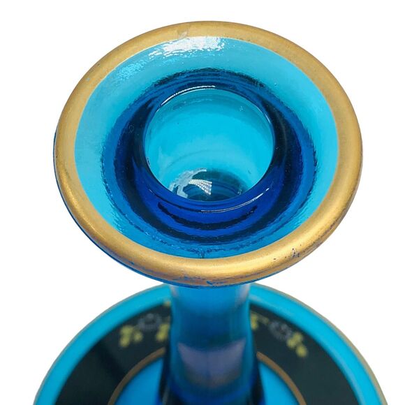 ANTIQ‎ Pair Westmorland Candle Holder Sapphire Glass Hand Painted Gold Gilt Deco